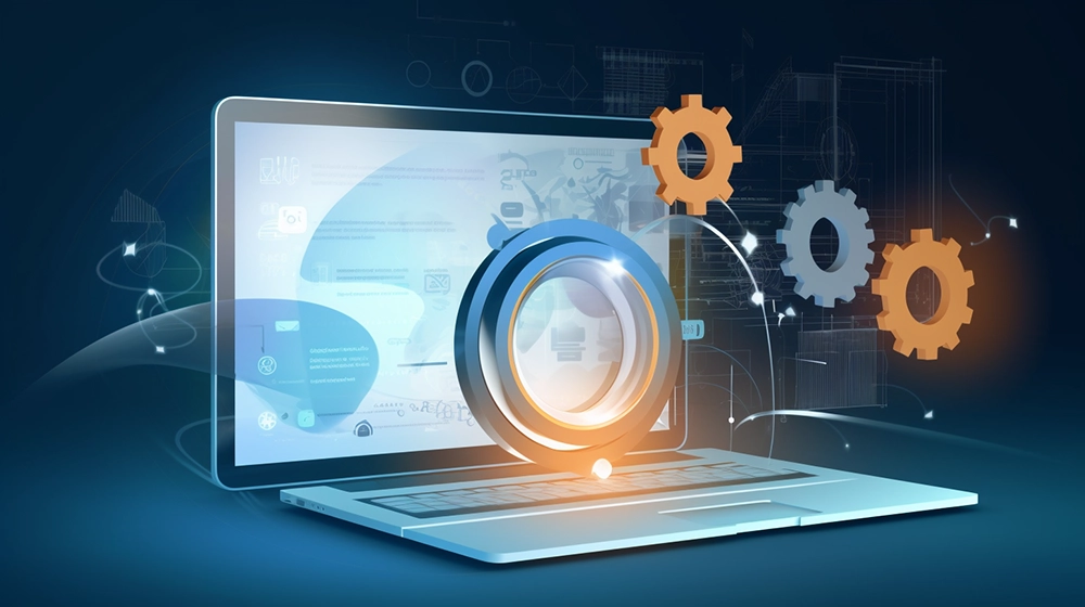 A graphic of a computer and machine cog representing website optimization for SEO