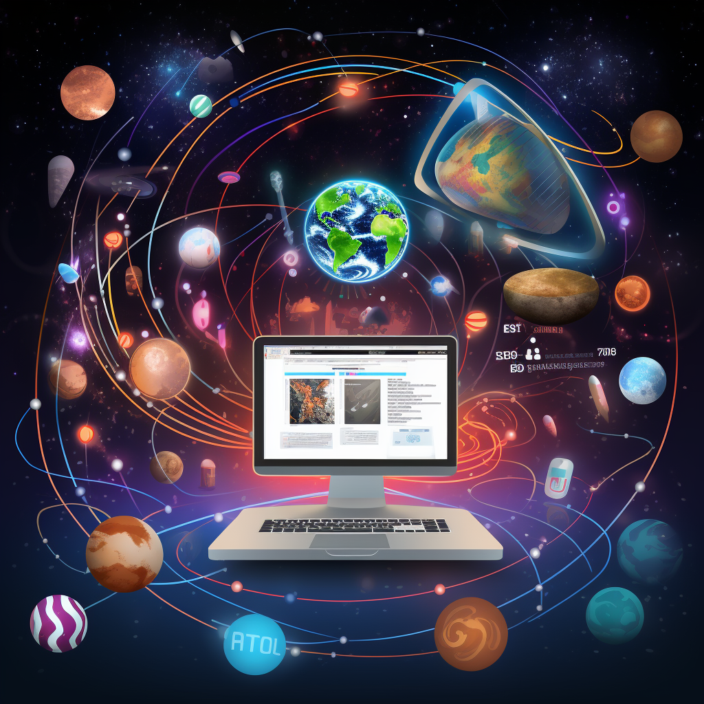 A digital illustration of a central website represented as a glowing planet, surrounded by orbiting elements like social media satellites and blog comets, interconnected by streams of light, symbolizing the vast and dynamic universe of Off-Page SEO strategies