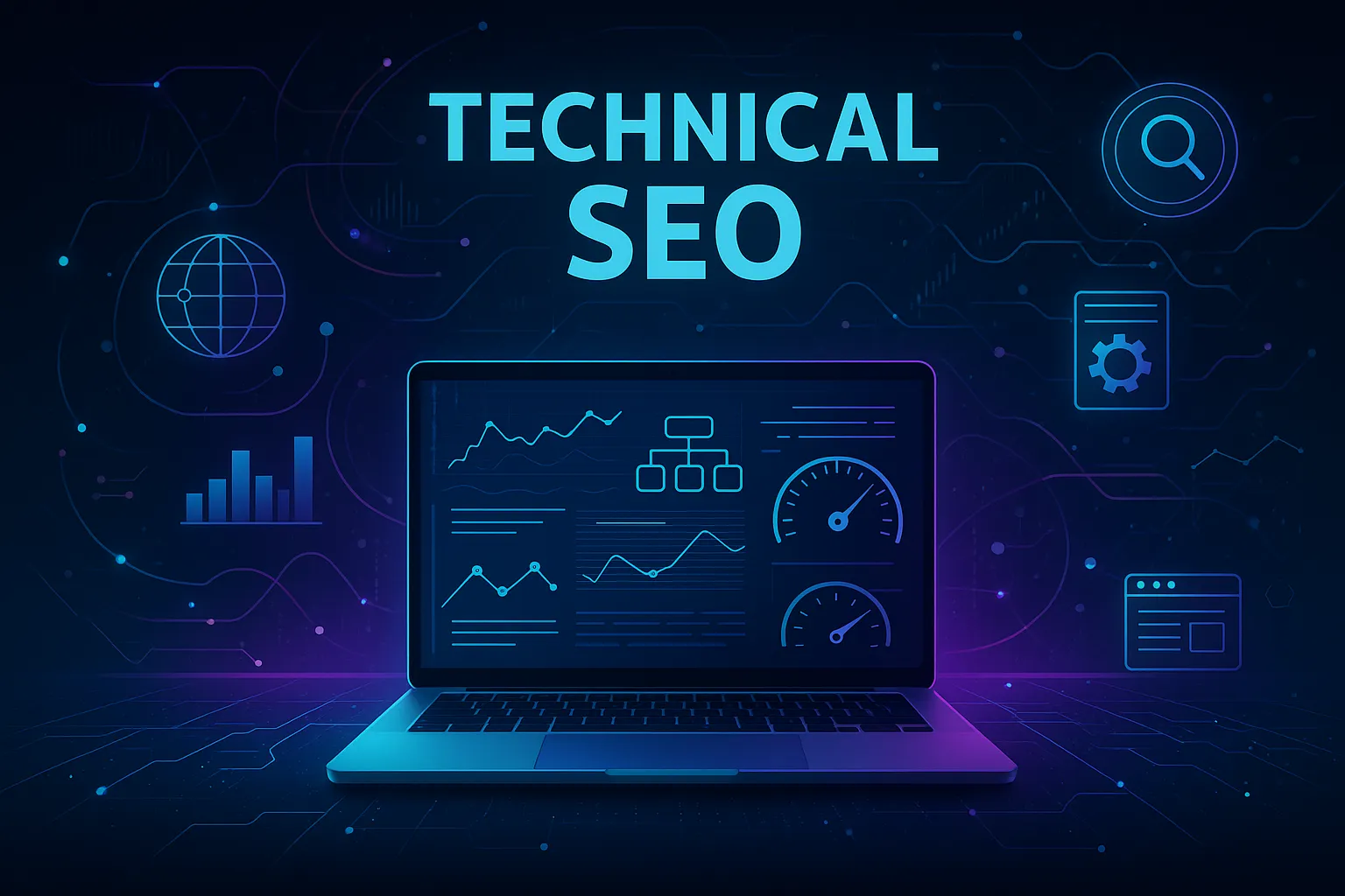 Futuristic visualization of Technical SEO in a digital ecosystem.