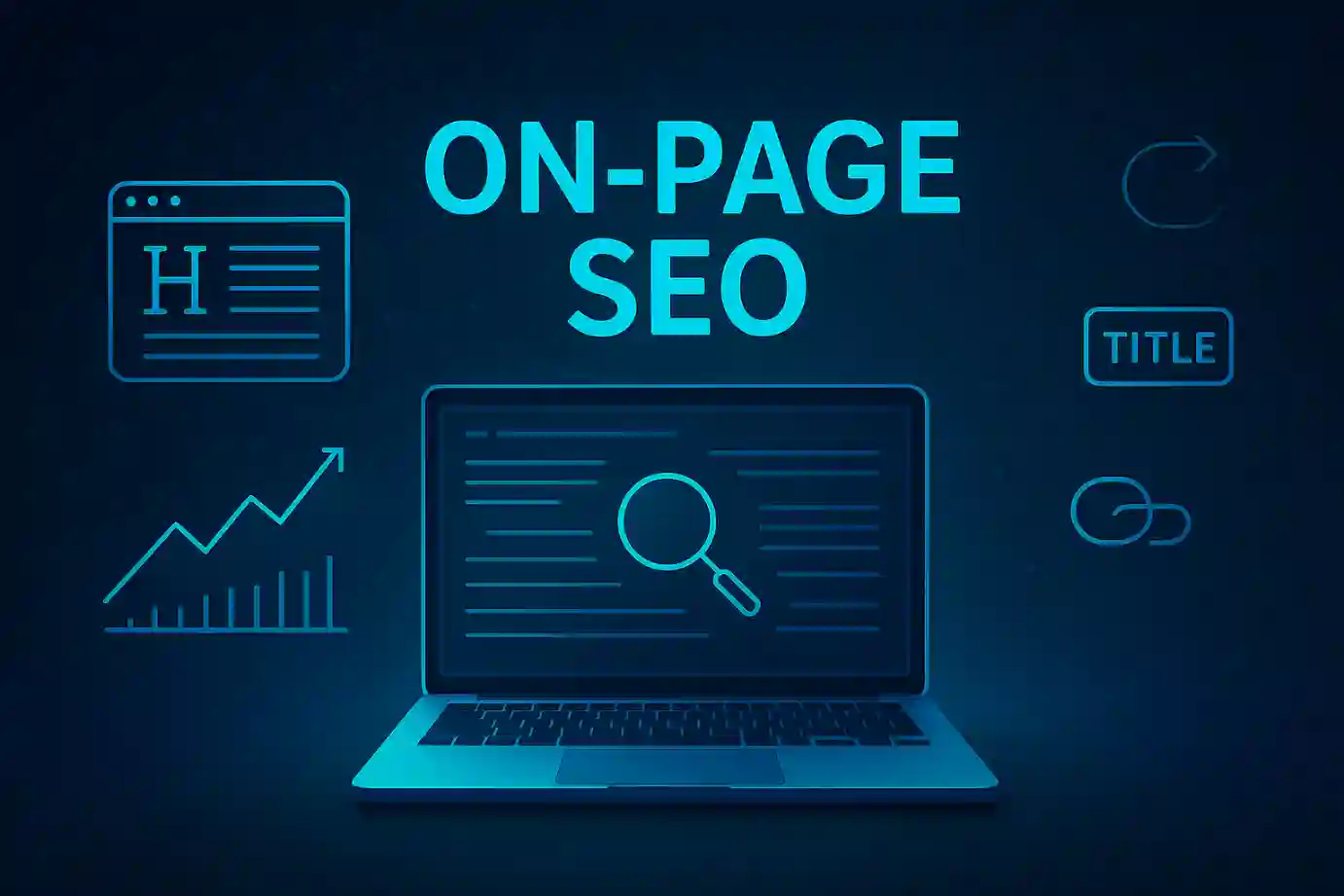Futuristic digital interface illustrating On-Page SEO elements on a laptop screen