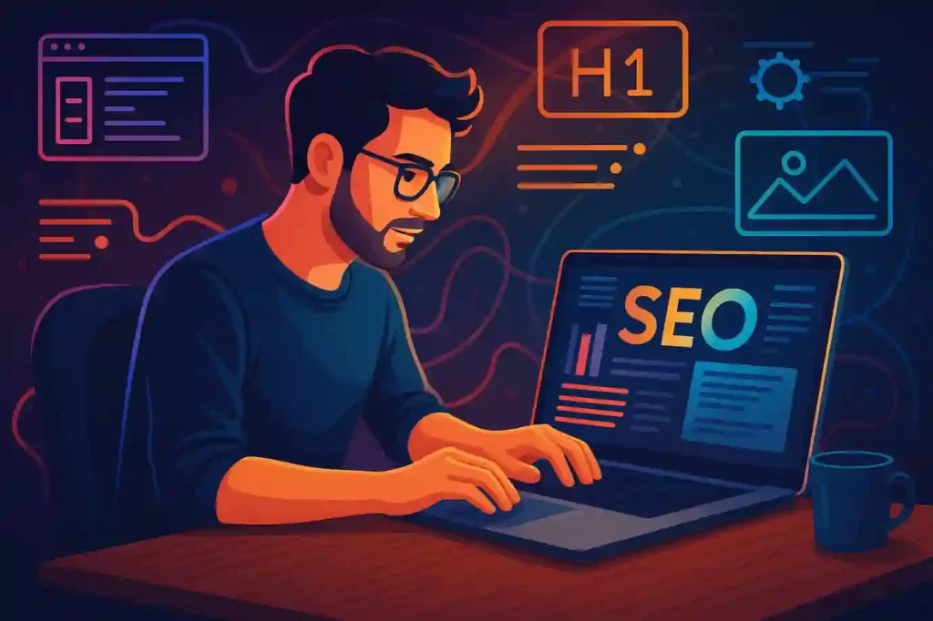 Digital marketer working through the on page SEO process on his laptop