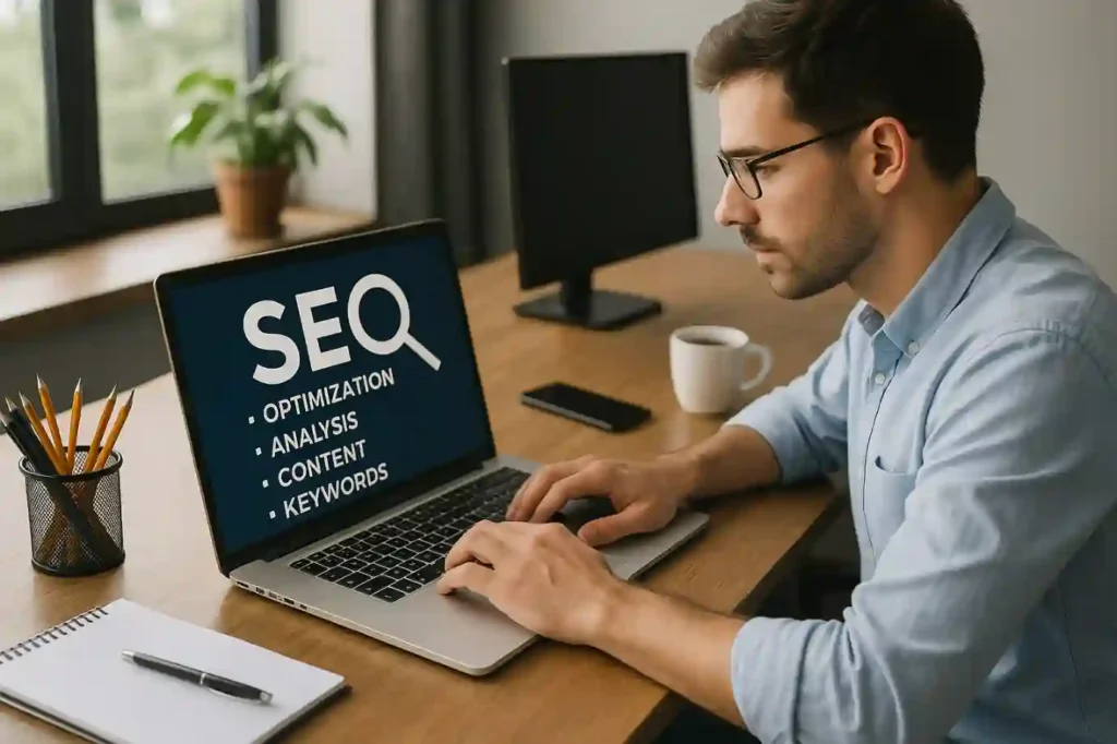 Man focused on his laptop with SEO optimization on the screen — representing practical on page seo learning in action.
