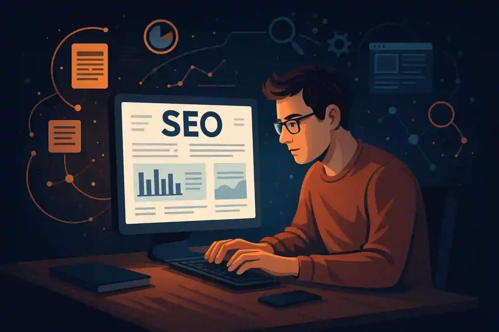 Person working on SEO strategy at night with analytics and charts representing on page SEO ranking factors.