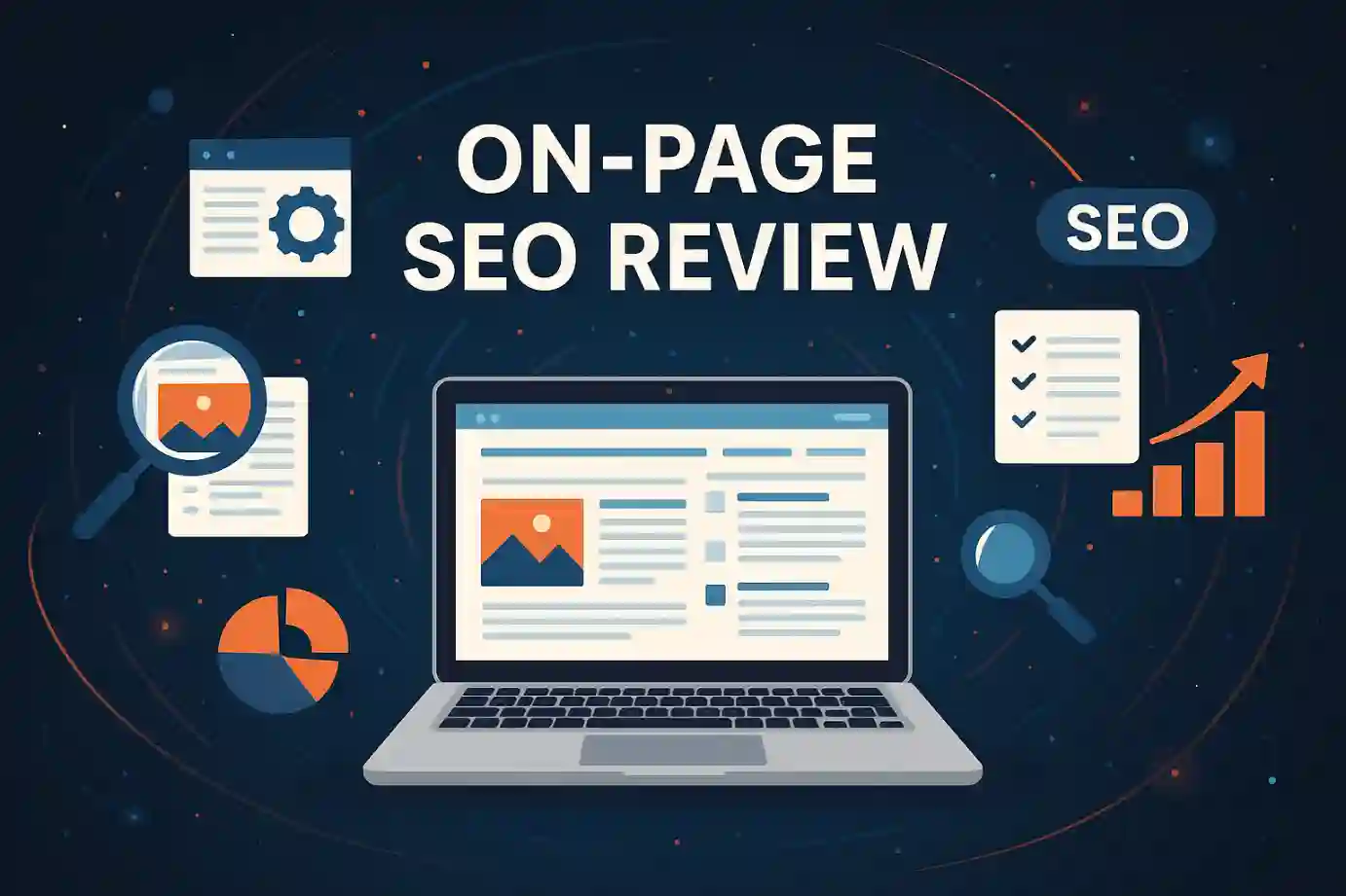 Laptop screen showing a digital audit interface with SEO visuals, representing an in-depth on page SEO review.