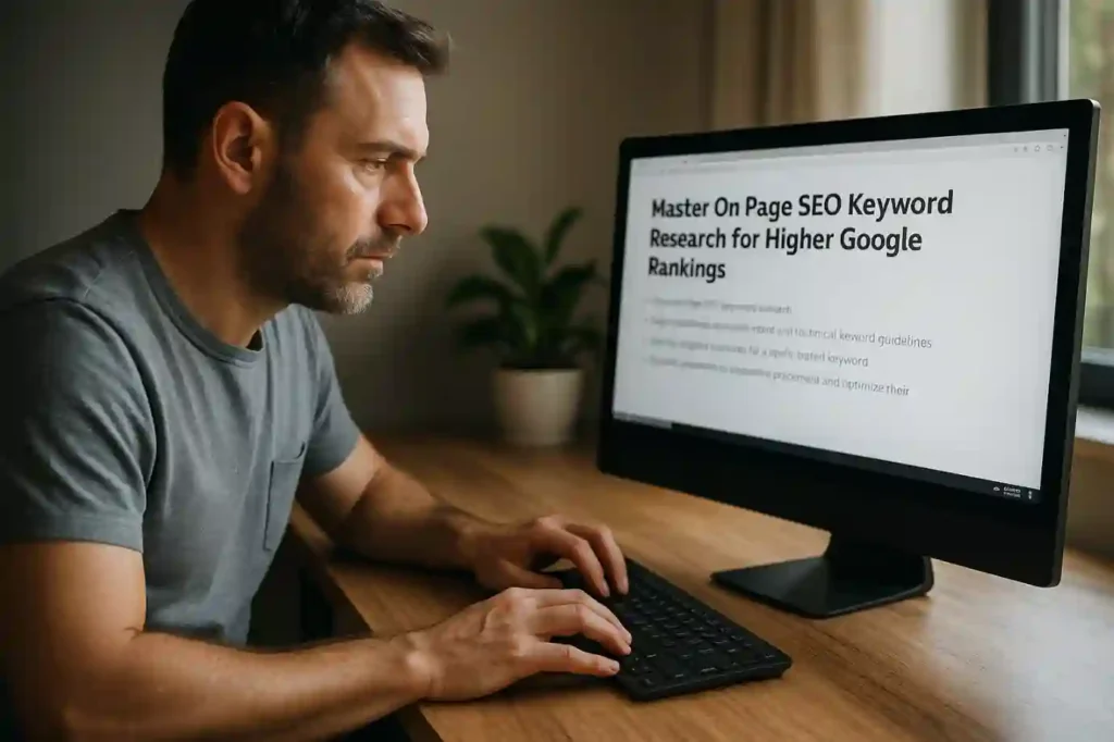 Man working on desktop monitor reading an article titled ‘Master On Page SEO Keyword Research for Higher Google Rankings’