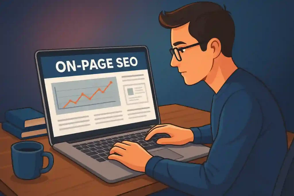 Person analyzing data on laptop with focus on on page SEO score meaning