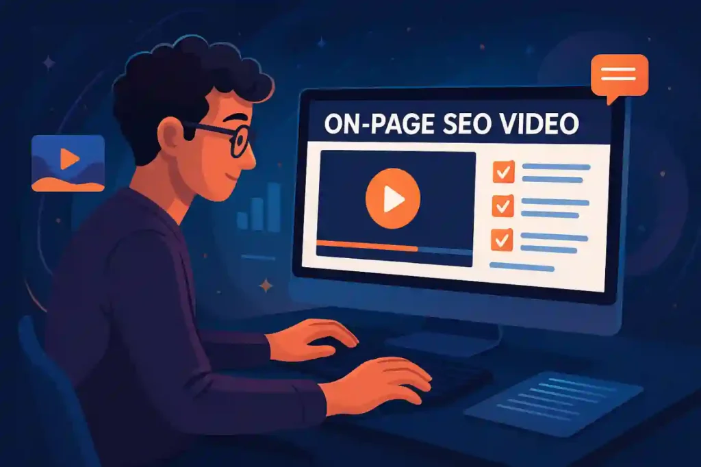 Digital illustration of a person optimizing an on page SEO video on their computer screen with checklists and thumbnails.