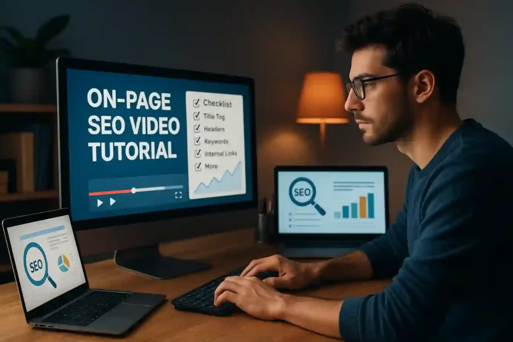 Person focused on SEO checklist during on page SEO video tutorial at night desk setup