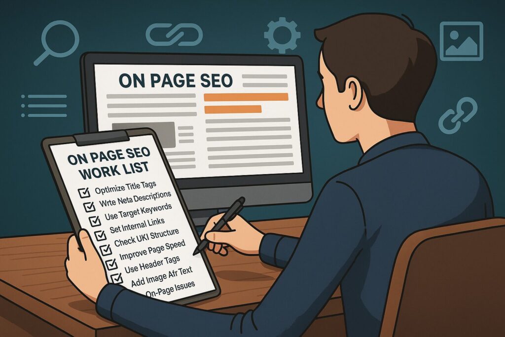 Person reviewing a printed on page SEO work list while optimizing content on a desktop computer.
