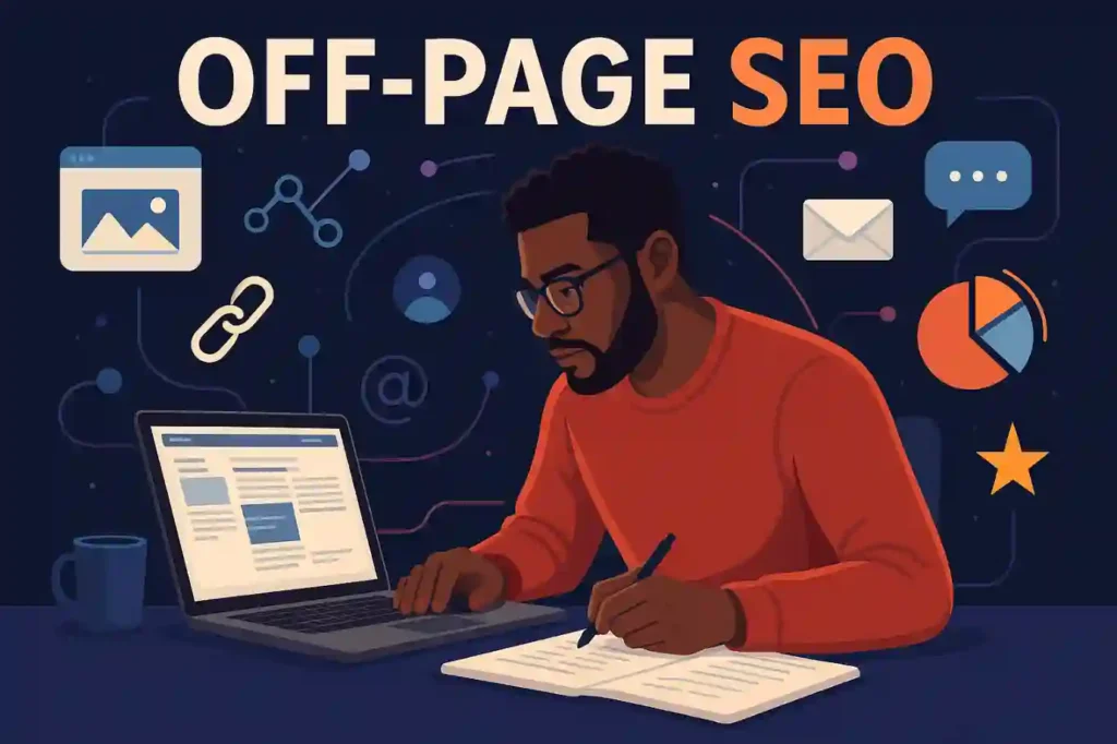 A hand holding a white speech bubble with the word SEO against a pink background, symbolizing communication in off page SEO 2025