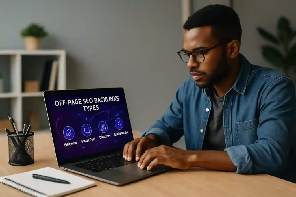 Man working on laptop researching off page SEO backlinks types for a digital marketing strategy