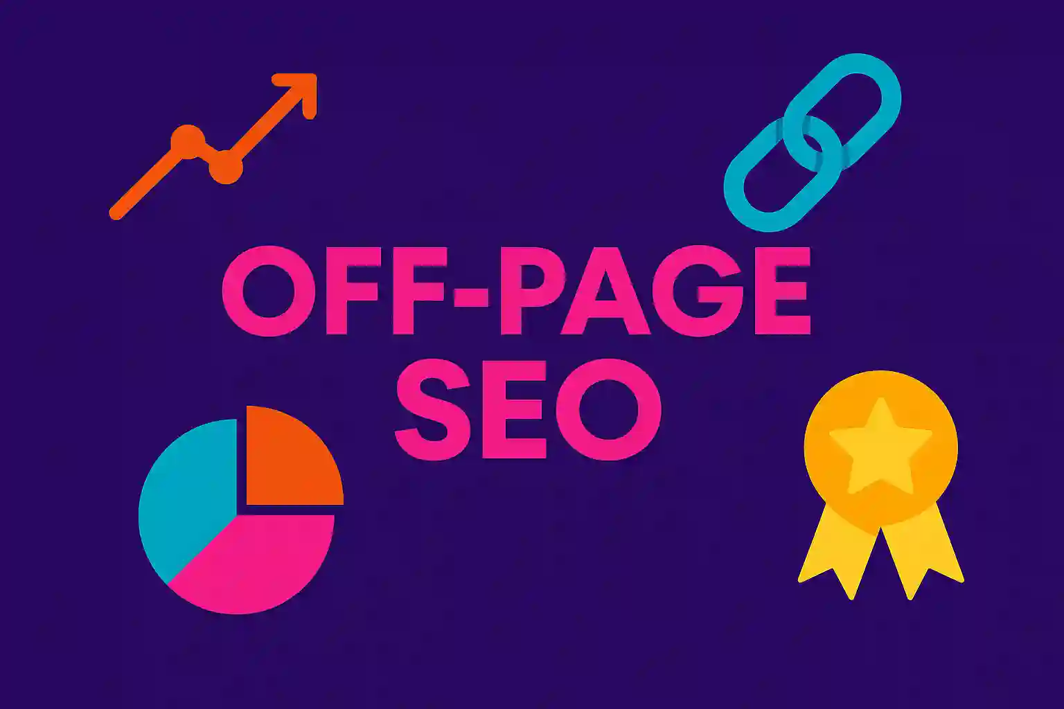 Flat 2D digital illustration for Off-Page SEO with bold typography and vibrant gradient design