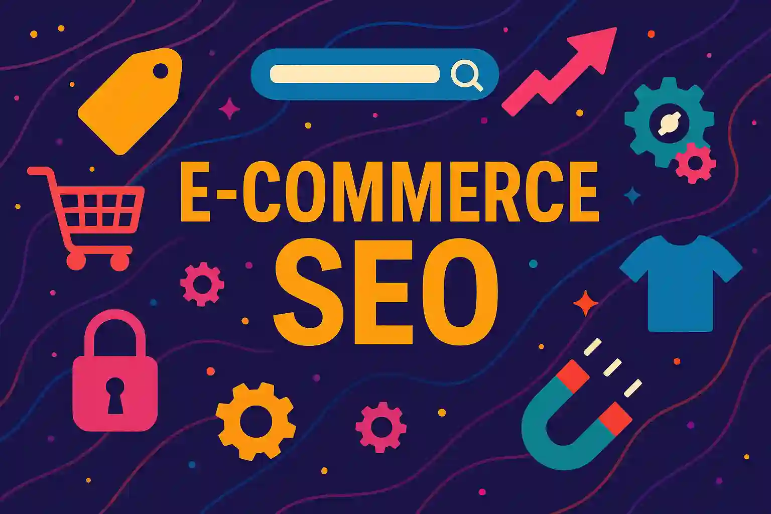 Vibrant abstract illustration representing E-commerce SEO strategy with bold colors and dynamic digital elements