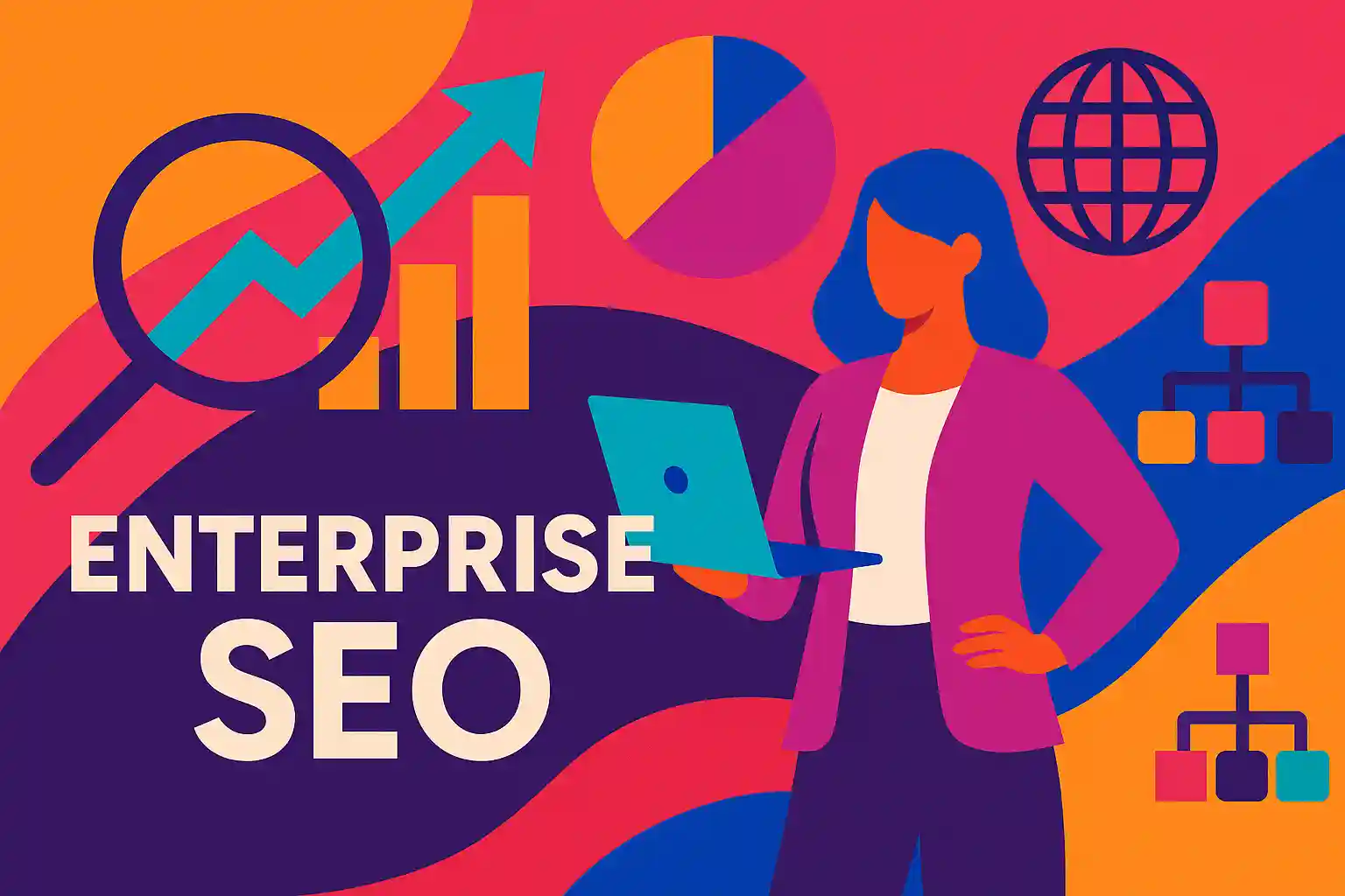 Abstract digital landscape illustrating Enterprise SEO growth with vibrant geometric design and analytics icons