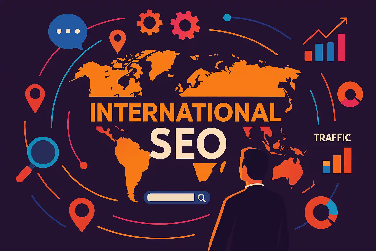 Illustration representing International SEO strategy with global data analytics and localization elements in vibrant colors