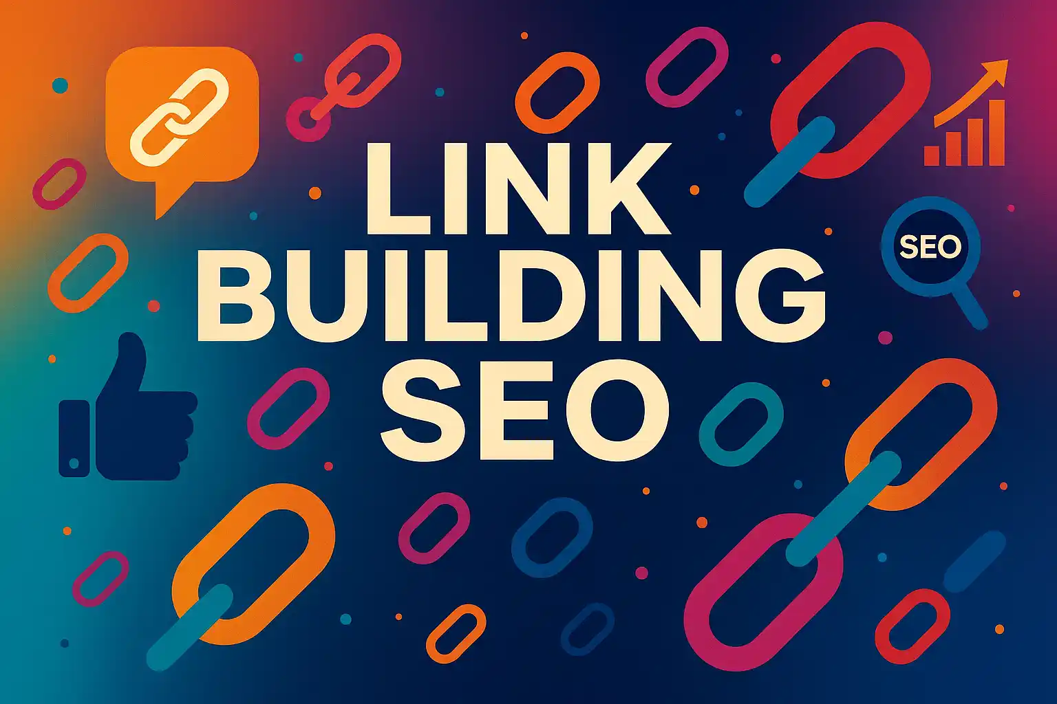 Abstract illustration representing Link Building SEO with interconnected digital icons and vibrant branding colors.