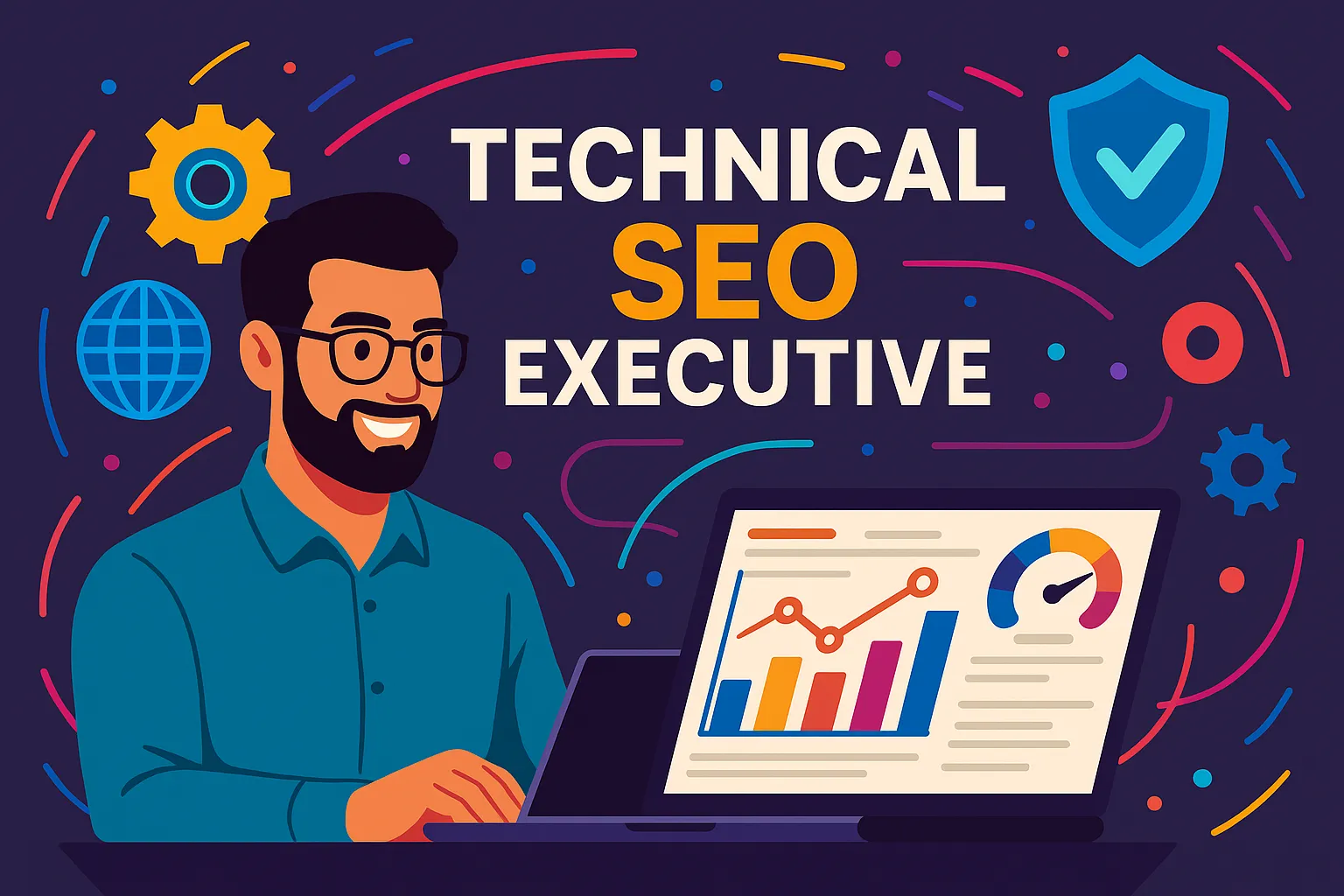 A colorful digital illustration representing a technical SEO executive optimizing website architecture and data flow using vibrant hex-coded branding colors.