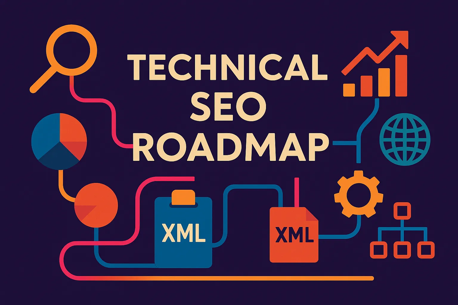 Illustration of a technical SEO roadmap with colorful directional elements, graphs, and optimization icons in vibrant flat-style design