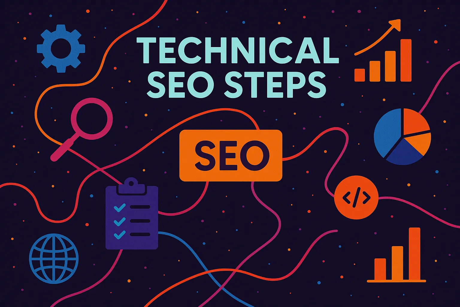 Abstract digital illustration showcasing technical SEO steps with colorful icons and flow elements in vibrant gradient tones