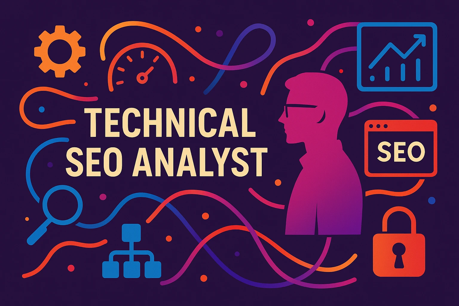 Colorful digital artwork representing a technical SEO analyst with abstract icons for optimization, site structure, and performance.