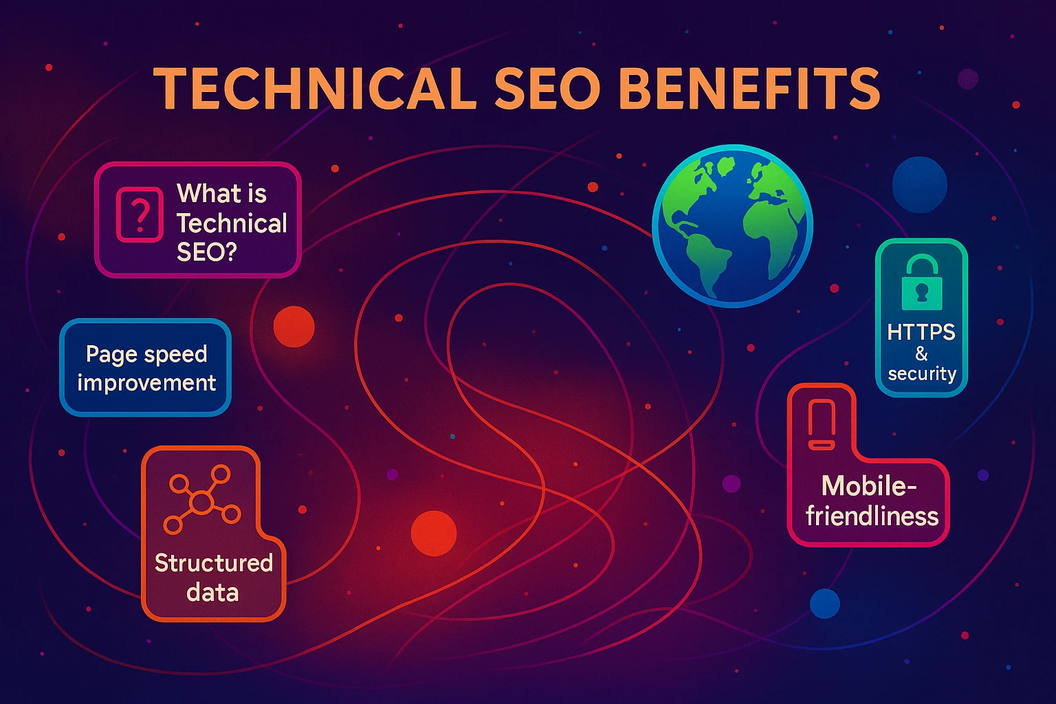 Abstract digital illustration representing technical SEO benefits with vibrant gradient elements in orange, pink, teal, and purple tones
