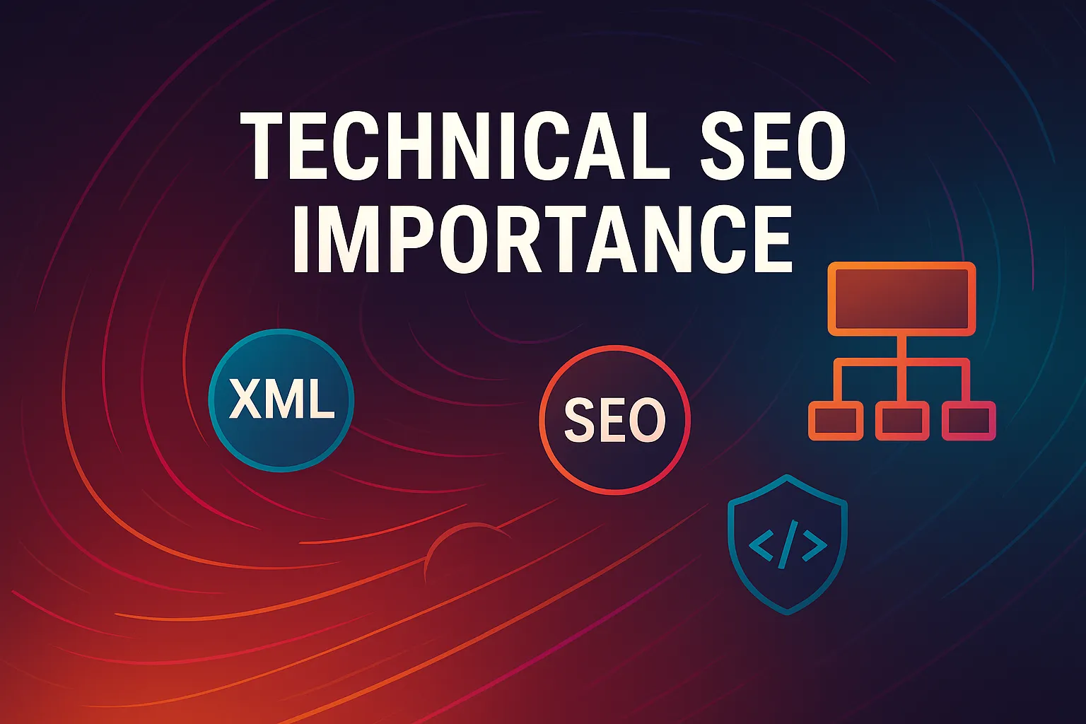 Abstract digital illustration highlighting technical SEO importance with icons for XML, SEO, and website structure.