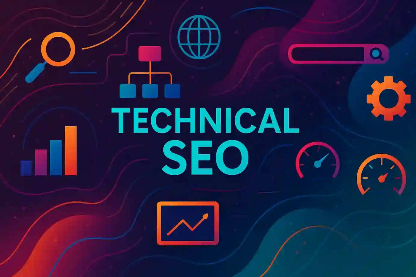 Abstract digital artwork illustrating the concept of Technical SEO using vibrant, modern color schemes.