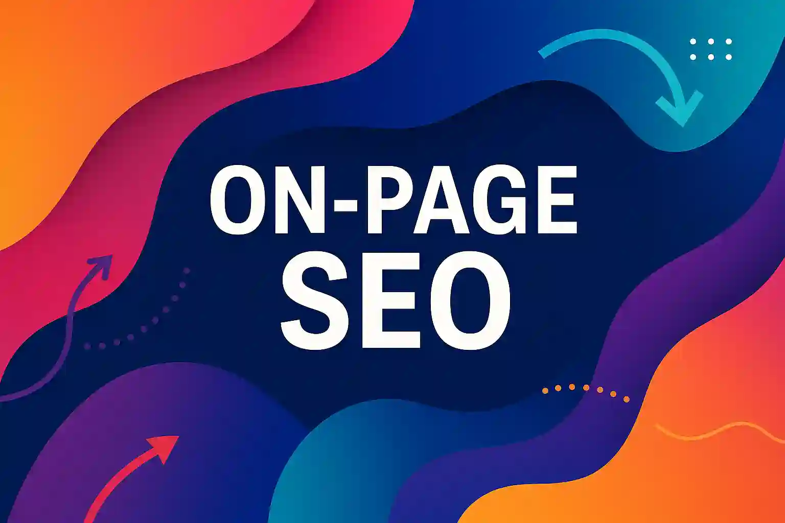 Abstract digital design illustrating On-Page SEO elements using modern icons and vibrant SEO color palette