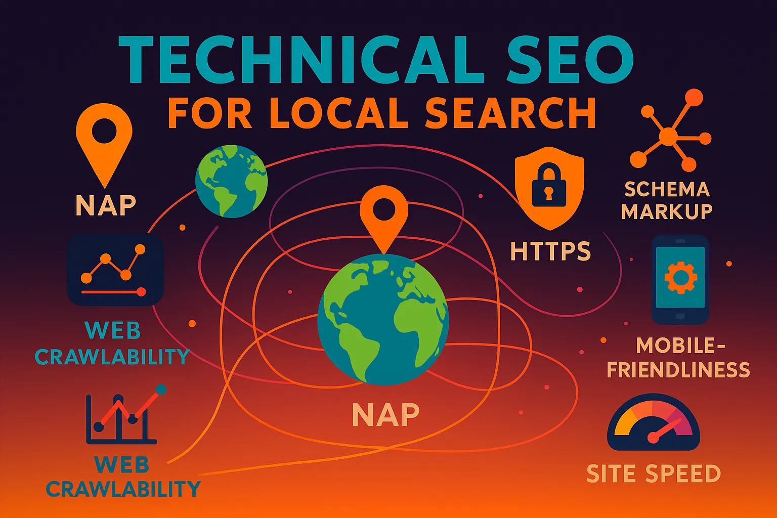 Infographic visualizing core principles of technical SEO local search with icons for NAP, schema markup, mobile-friendliness, HTTPS, site speed, and web crawlability on a vibrant gradient background.
