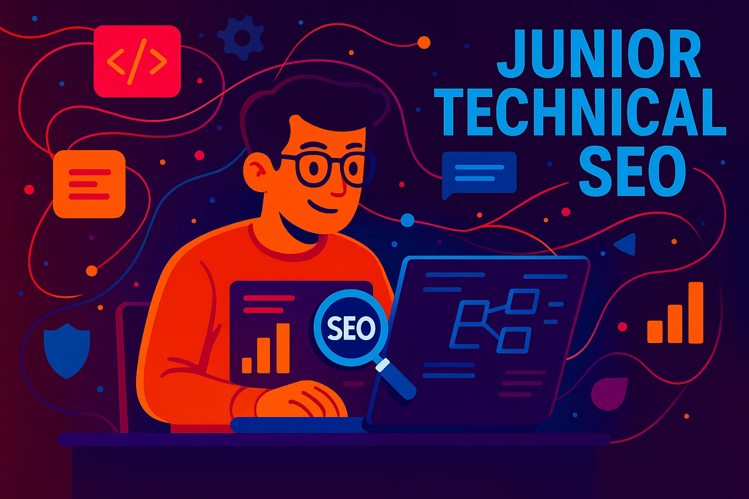 Illustration of a junior technical SEO professional analyzing data with digital optimization icons in a vibrant layout.