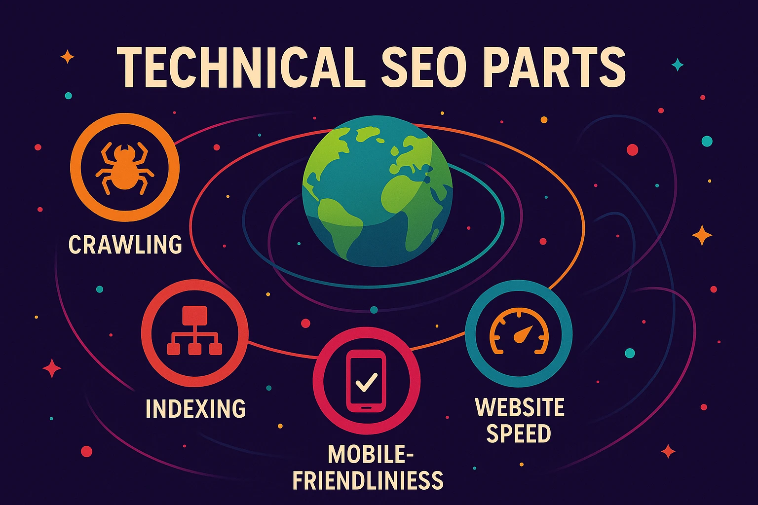 Creative digital illustration representing core technical SEO parts with vibrant abstract elements and SEO symbols.