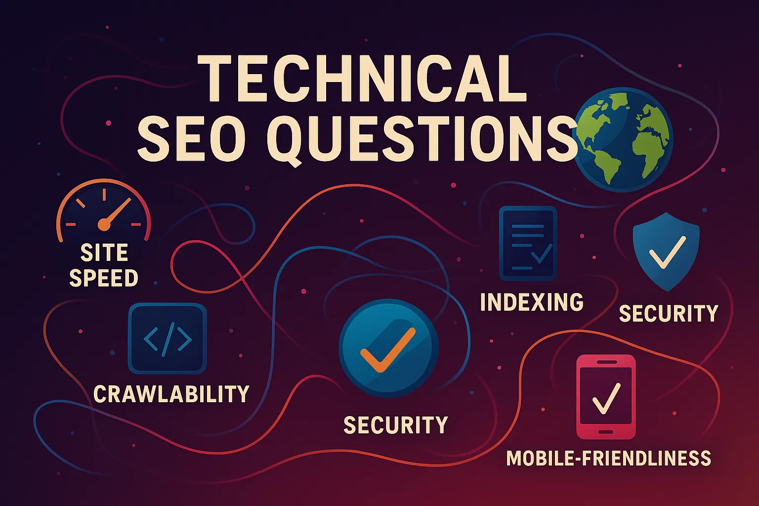 Abstract digital illustration using bold hex colors to visualize key technical SEO questions without screens or planets.
