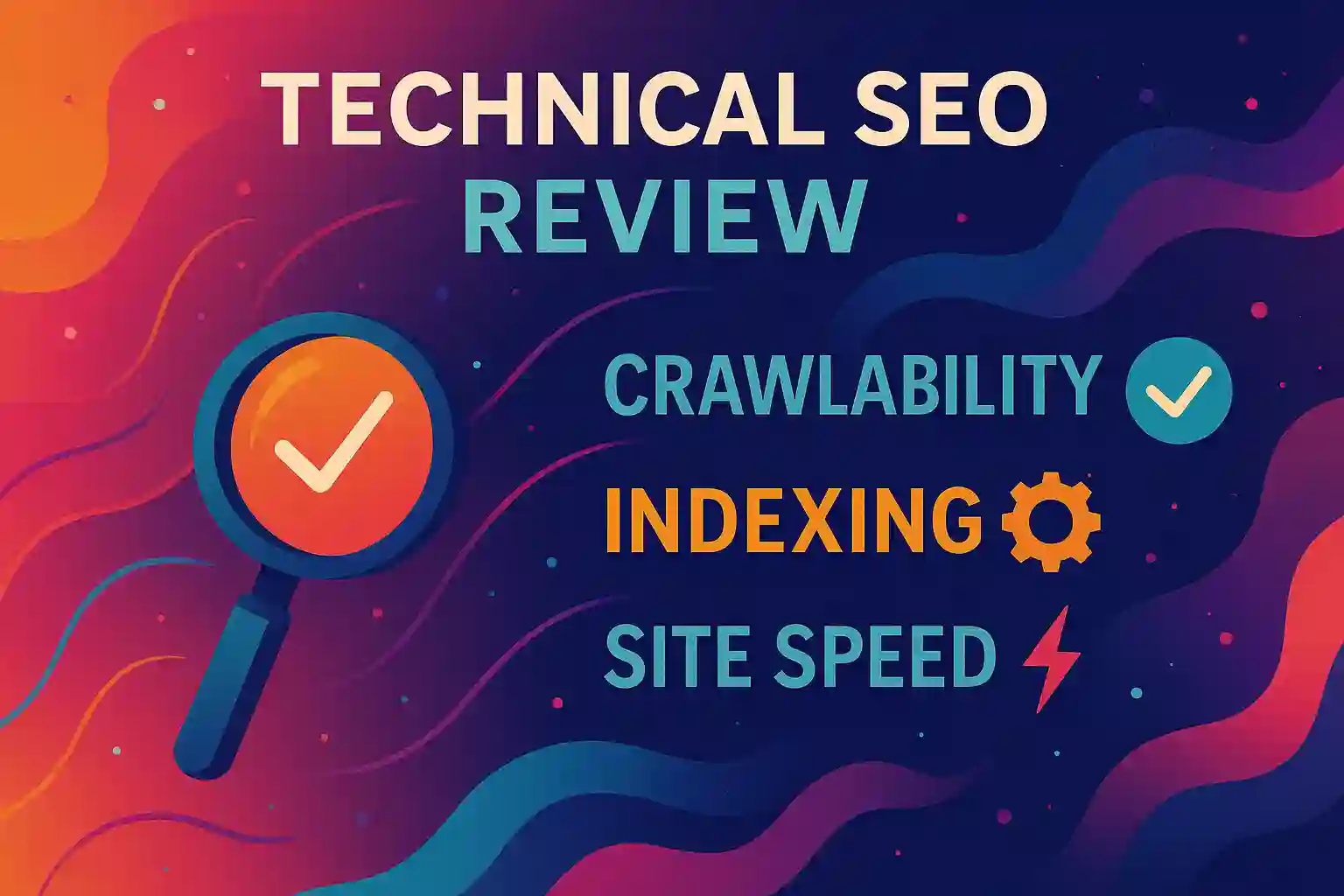 Colorful abstract illustration of a technical SEO review highlighting crawlability, indexing, and site speed, with vibrant icons and keyword-focused design.