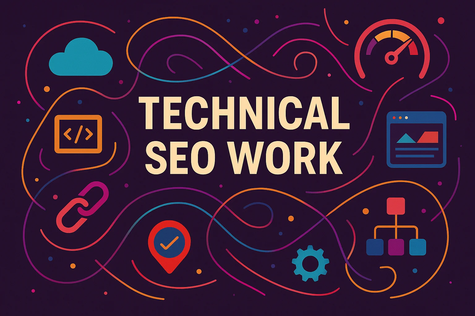 Colorful 2D illustration representing technical SEO work with icons for speed, structure, code, and optimization