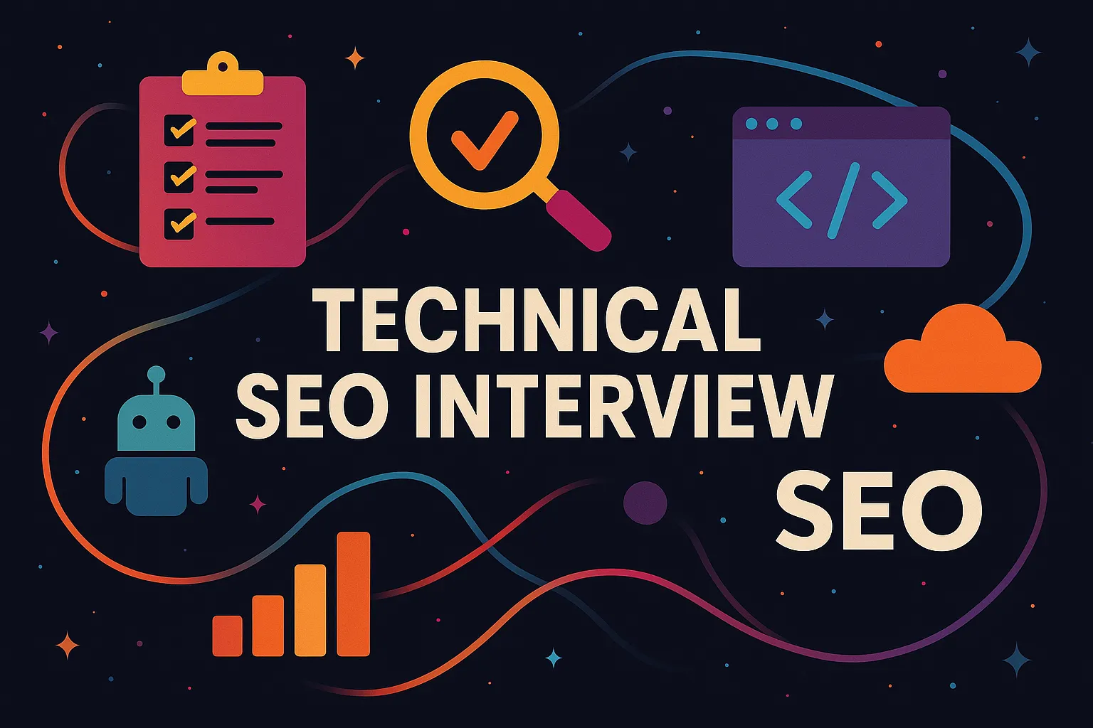 Creative landscape illustration representing a technical SEO interview with abstract digital elements and vibrant colors