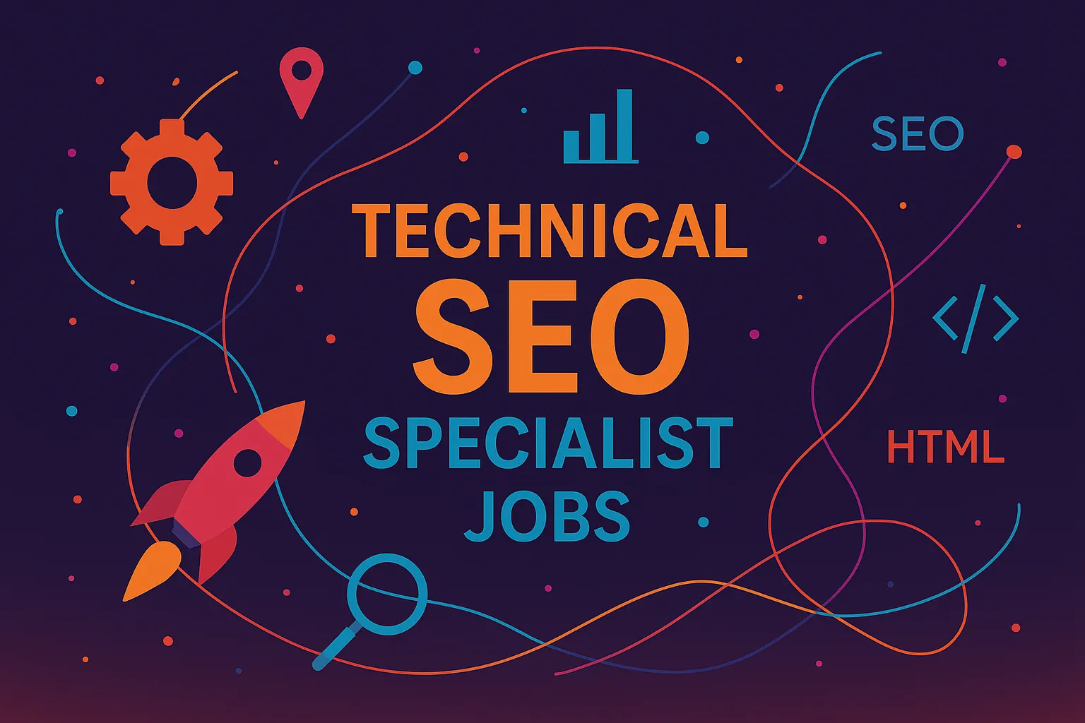 Colorful flat design illustration with vibrant SEO icons and bold text "Technical SEO Specialist Jobs," representing opportunities in technical SEO careers.
