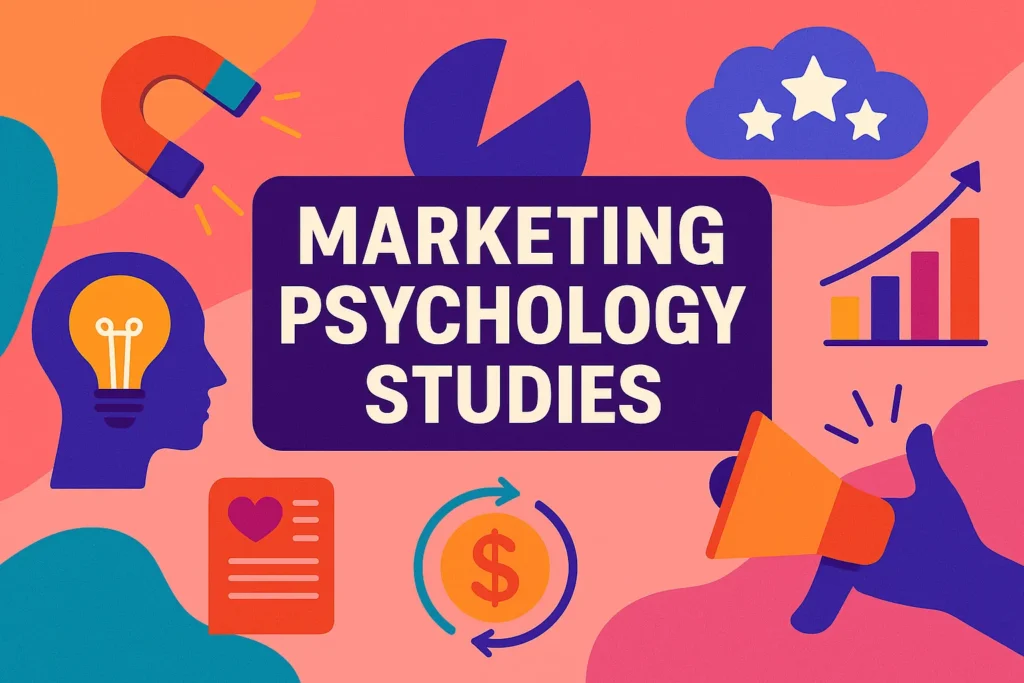 Flat illustration visualizing marketing psychology studies with icons of a brain, lightbulb, magnet, chart, and megaphone in vibrant colors.
