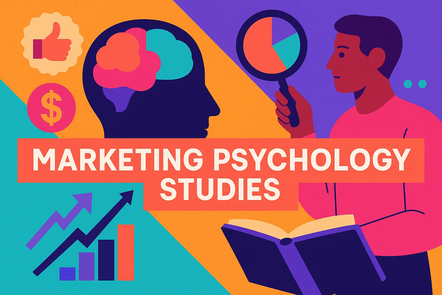 Creative flat-style image of a marketer analyzing data and a brain illustration, representing key concepts in marketing psychology studies.