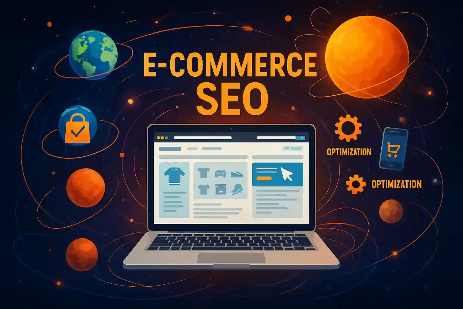 Illustration of E-commerce SEO optimization with laptop interface and digital shopping icons orbiting in space.