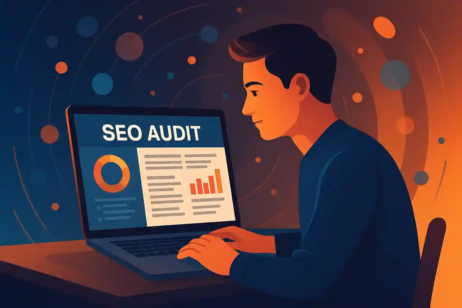 Illustrated man performing an SEO audit on a laptop with colorful charts and analytics.