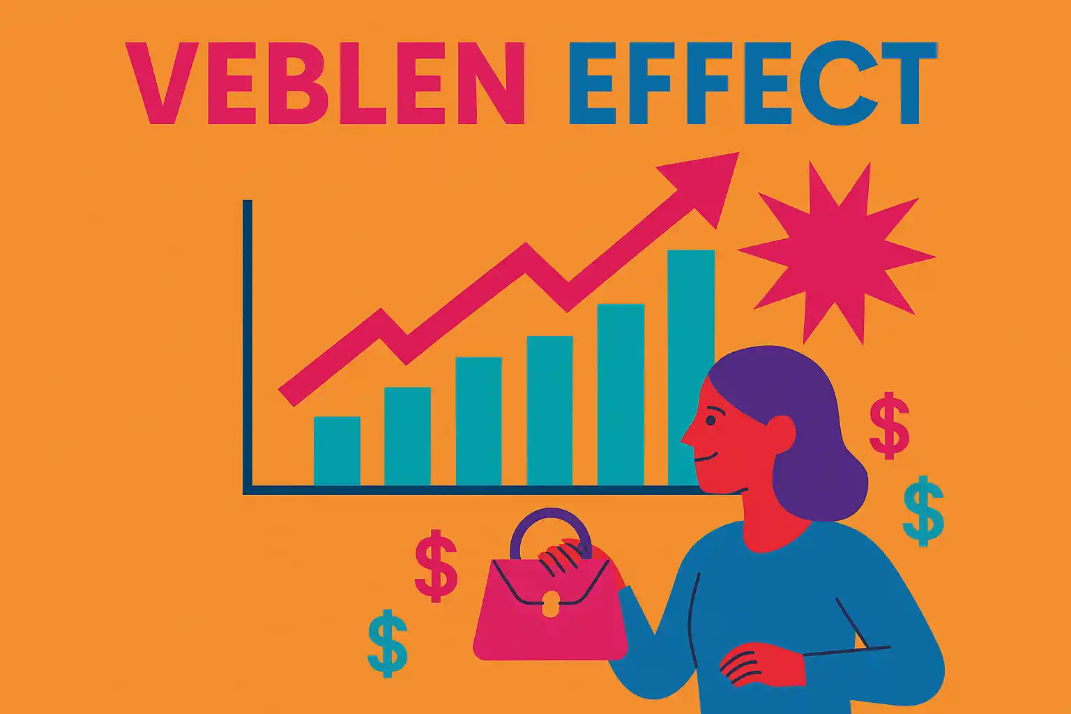 Creative digital illustration showing the Veblen Effect with a rising bar chart and luxury handbag symbolism