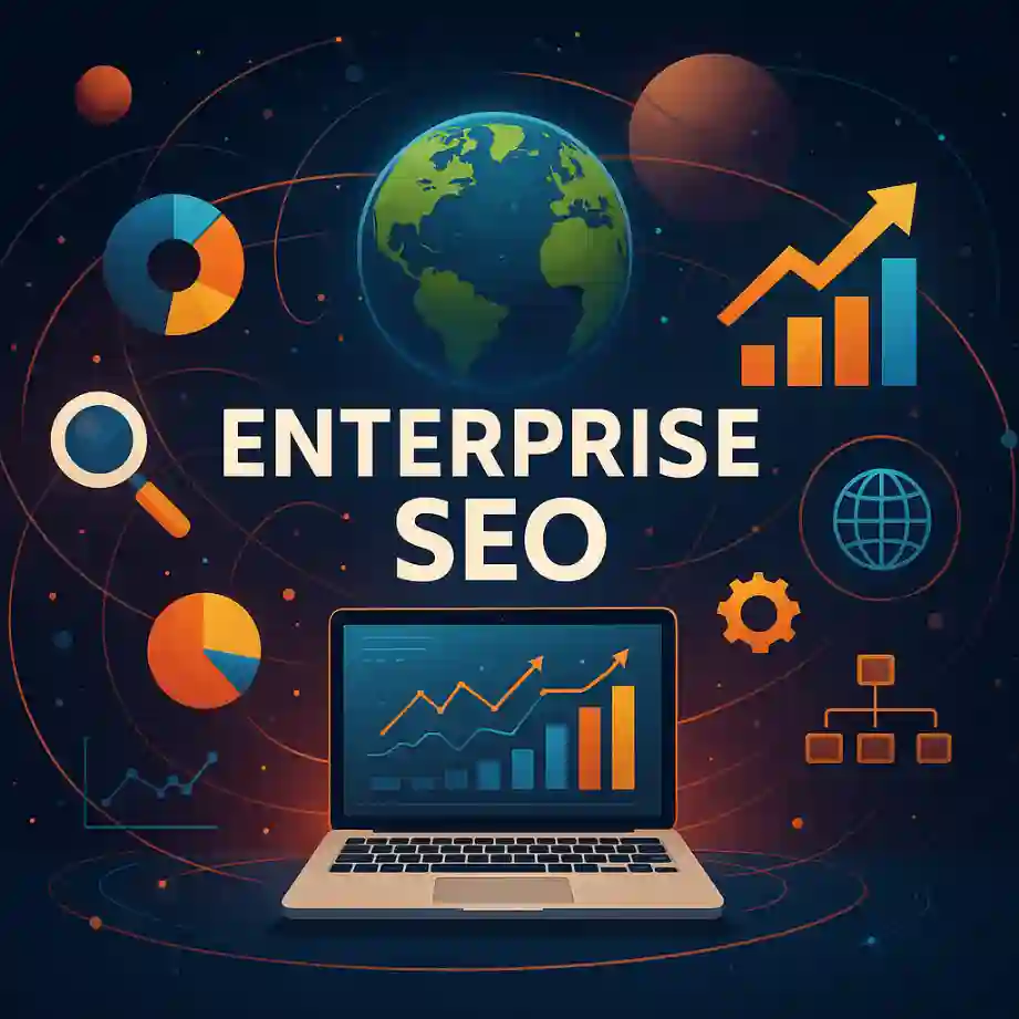 Illustration of global Enterprise SEO growth with analytics icons and laptop