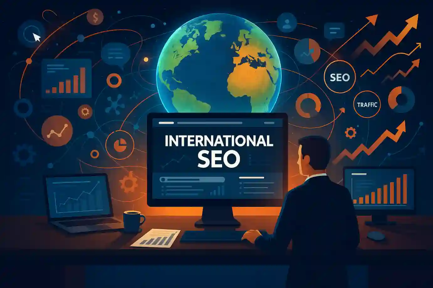 Businessman analyzing International SEO strategies with global analytics and data charts on screen