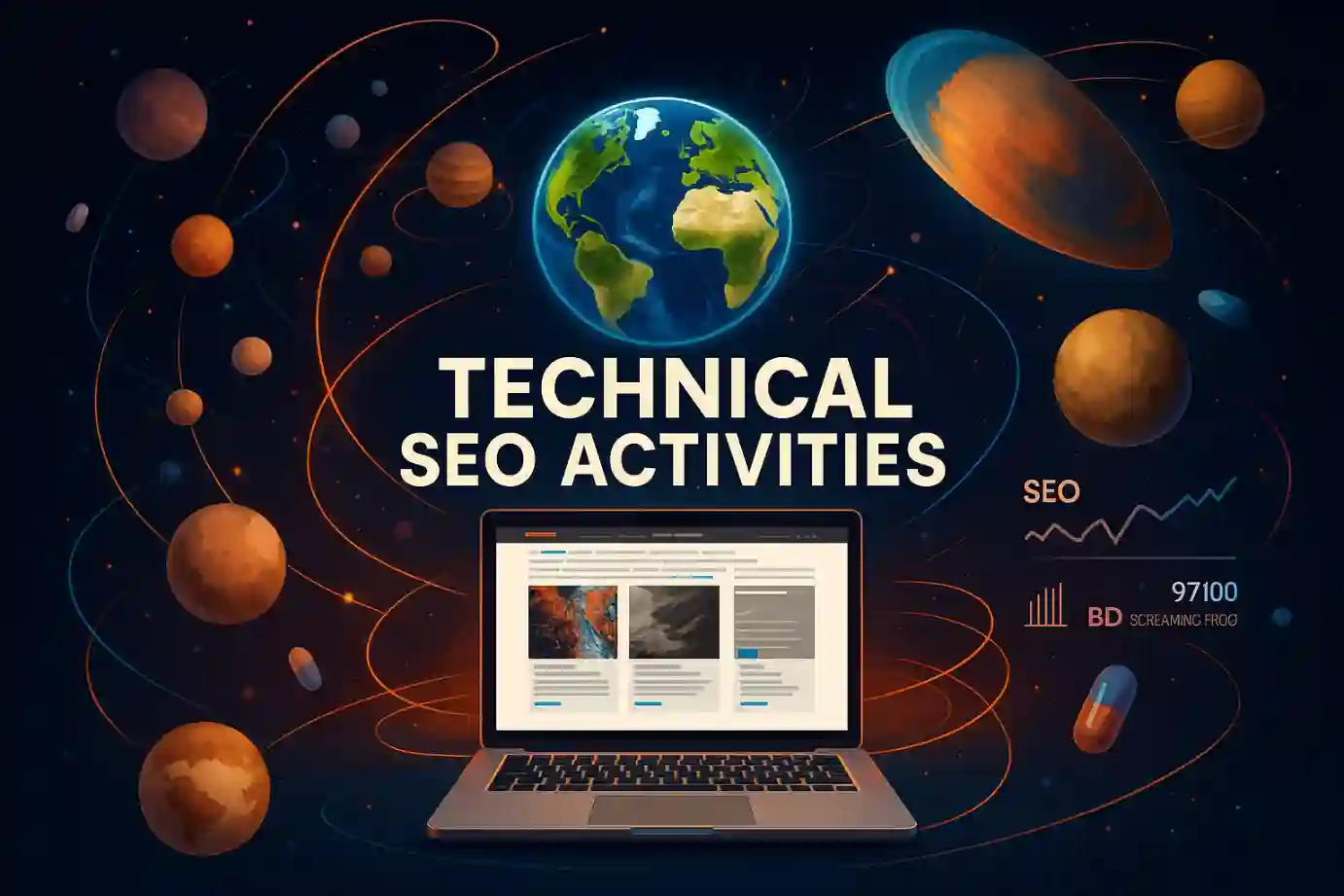 Creative illustration of planets and SEO elements orbiting around a laptop, symbolizing technical SEO activities.