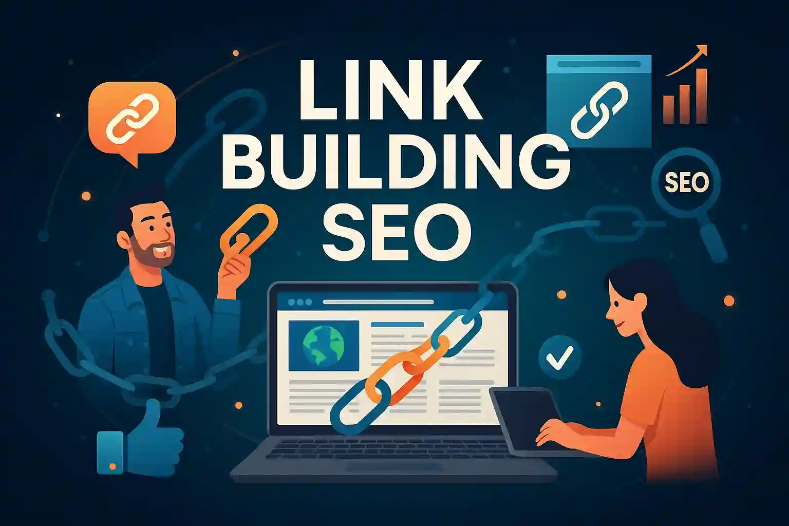 Digital illustration of Link Building SEO with characters adding backlinks to a website.