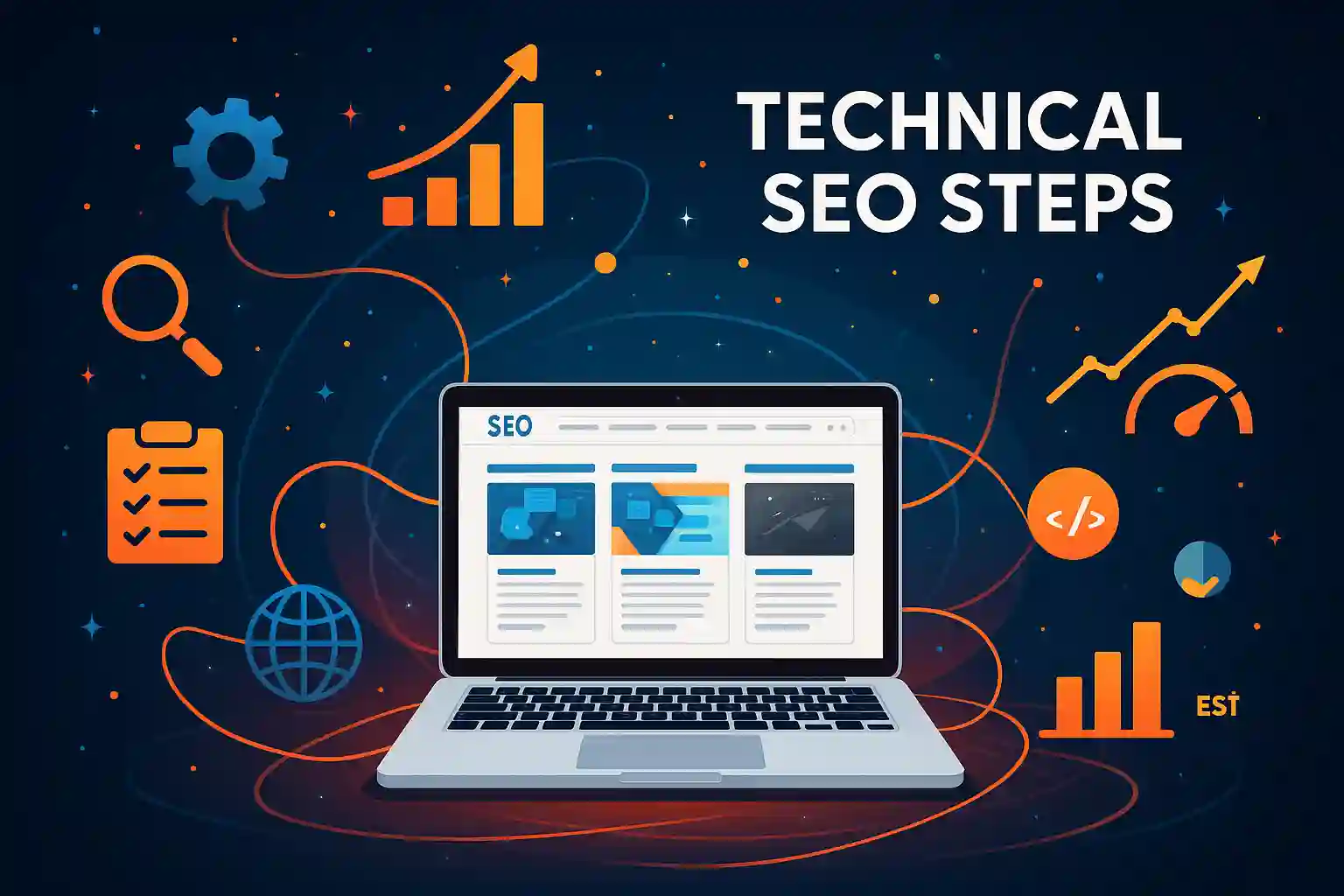 Illustration of a laptop screen displaying SEO content with icons and graphs representing technical SEO steps
