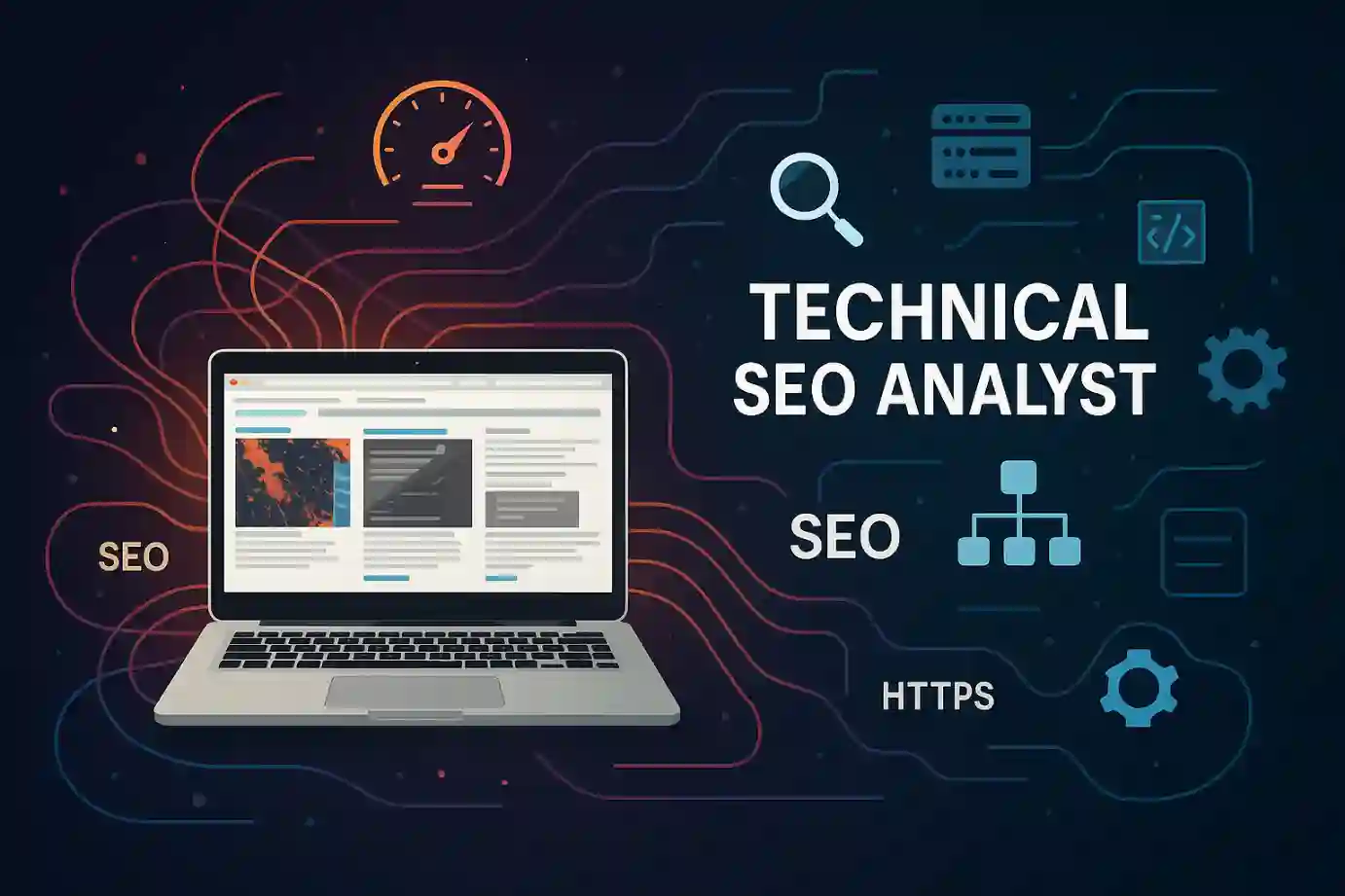 Digital concept illustrating a technical SEO analyst analyzing website structure and search performance.
