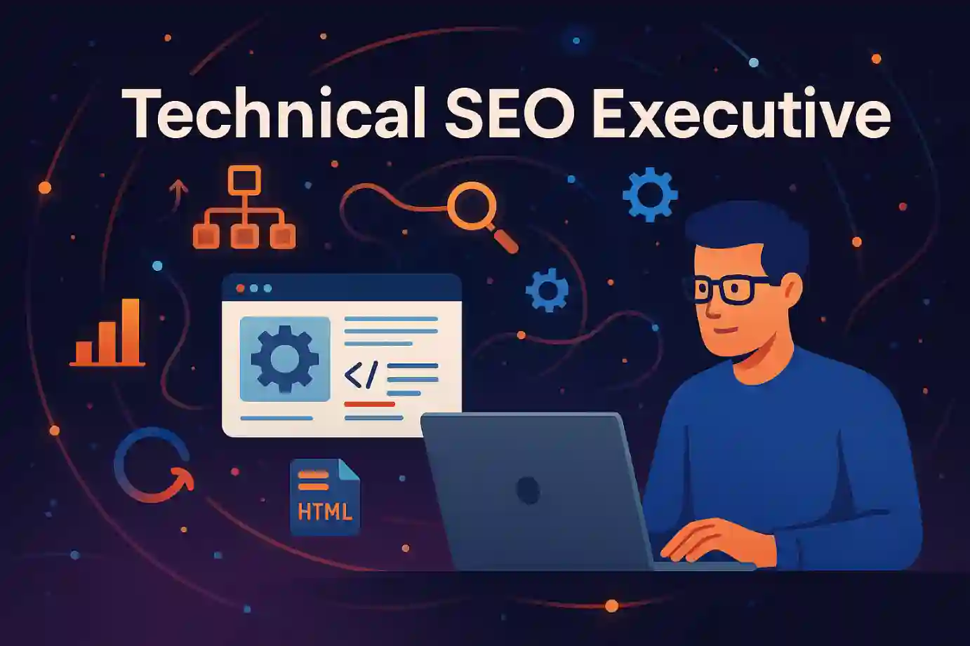 Technical SEO executive illustration showing coding, website structure, and analytics tools