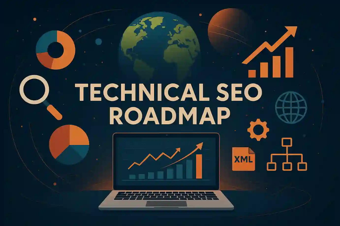 Digital illustration of a technical SEO roadmap with graphs, charts, and global data