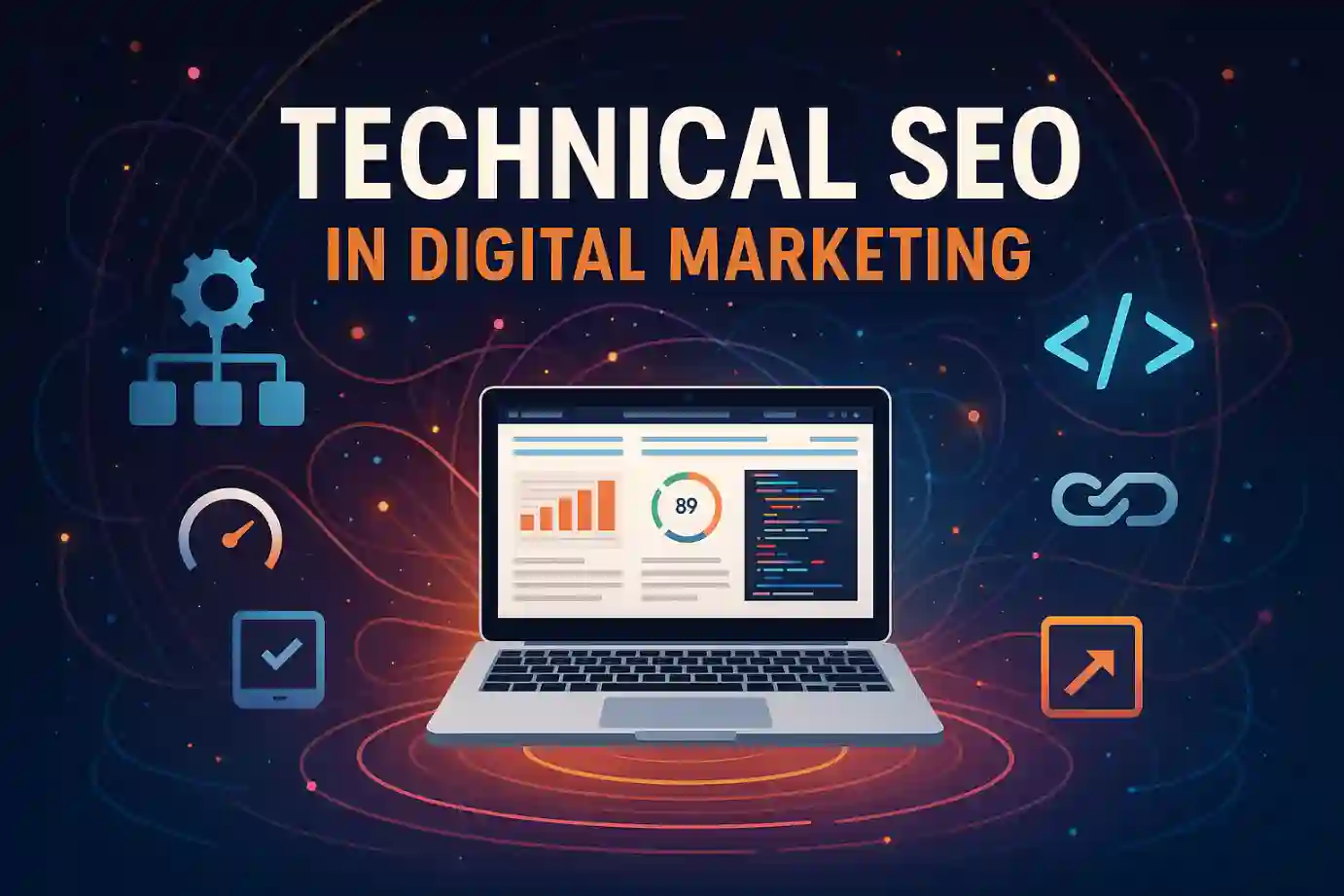 A conceptual graphic showing key elements like site speed and structure for technical SEO in digital marketing.